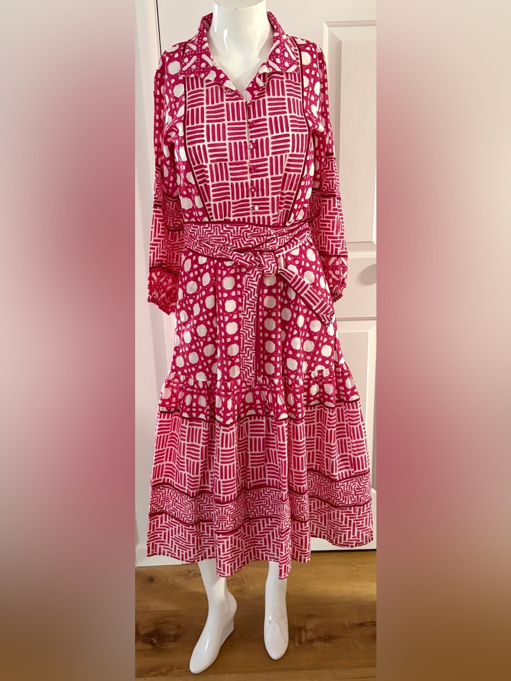 Sue Sartor Pink & white ruffles summer midi dress. Vacation/resort wear.